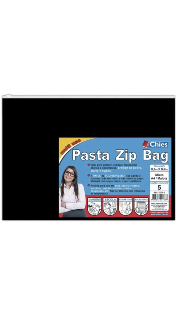 PASTA MULTI USO ZIP BAG A4 36CMX26CM PCT C/05 UNID CHIES