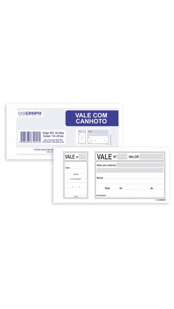 VALE COM CANHOTO 144X69 50F PACOTE C/20 UNID.